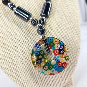 Millefiori Pendant Necklace Hematite Beads Tigers Eye Gemstone Murano Statement